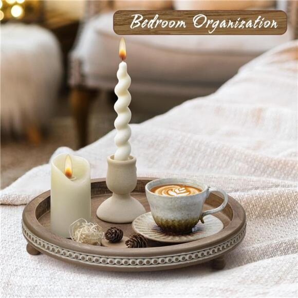 Handmade Wooden Serving Tray, Small Beaded Coffee Table Tray Decor, Warm Brown - Picture 5 of 7